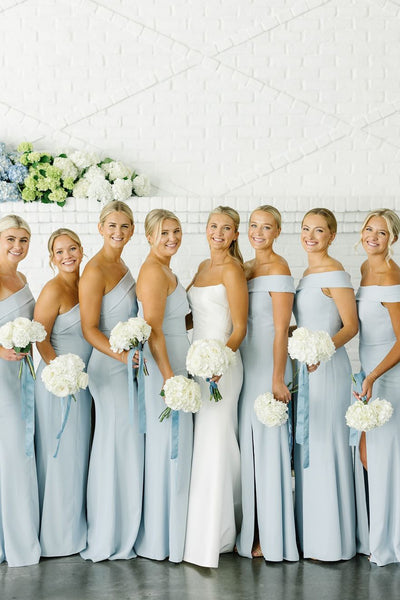 Elegant Sheath One Shoulder Sky Blue Long Bridesmaid Dresses VK24100407