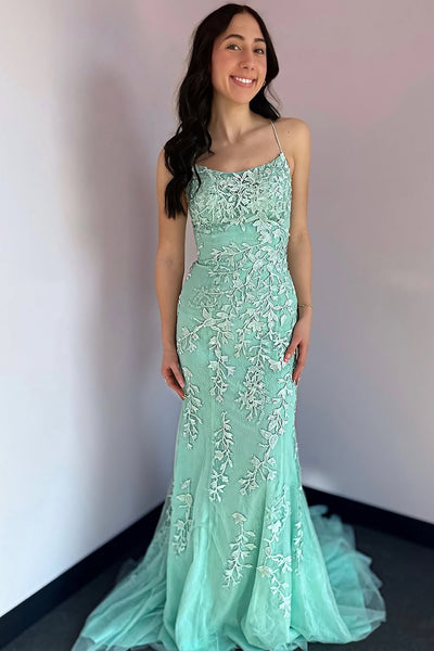 Mermaid Scoop Neck Mint Tulle Long Prom Dresses with Appliques VK25031804