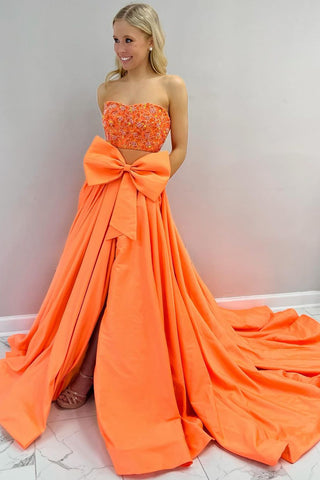 Orange Strapless Satin Two Piece Long Prom Dress VK24030404
