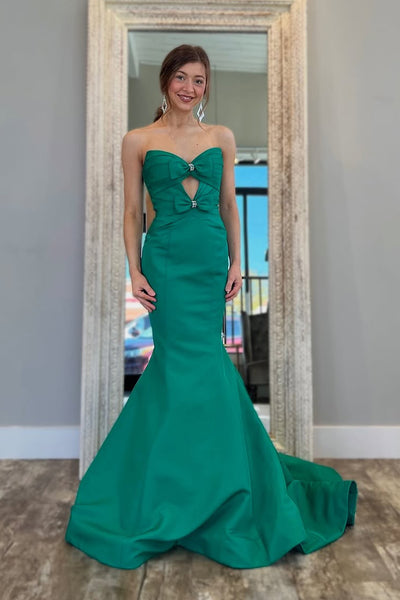 Mermaid Strapless Green Satin Keyhole Long Prom Dresses VK25032005
