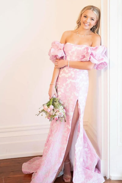 Mermaid Strapless Pink Floral Printed Long Prom Dresses with Sleeves VK25031610