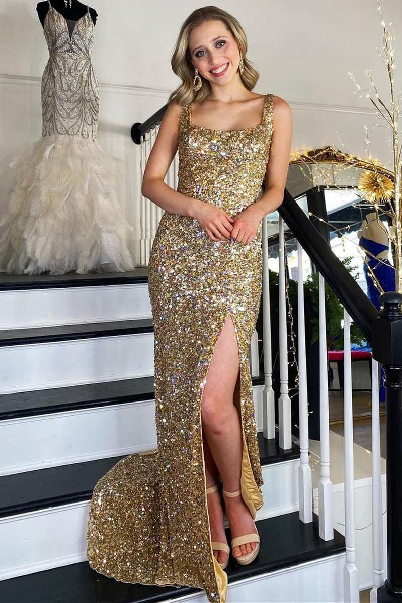 knee length dresses for ladies Sexy Spaghetti Straps Backless Mermaid Prom Dress Sequins V-Neck Chiff –  Ballbella
