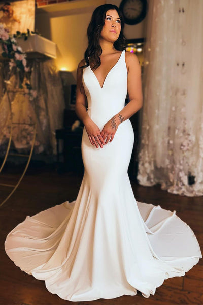 Simple Mermaid V Neck White Elastic Satin Wedding Dresses VK23120704