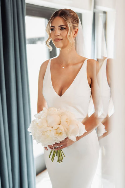 Charming Mermaid V Neck Stretch Satin Wedding Dress with Button VK25060901