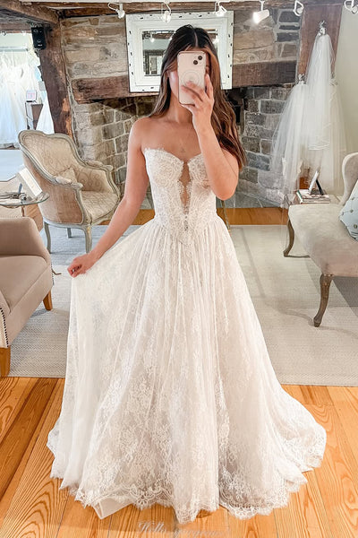 Fairy A-Line V Neck Ivory Lace Wedding dresses VK25050805