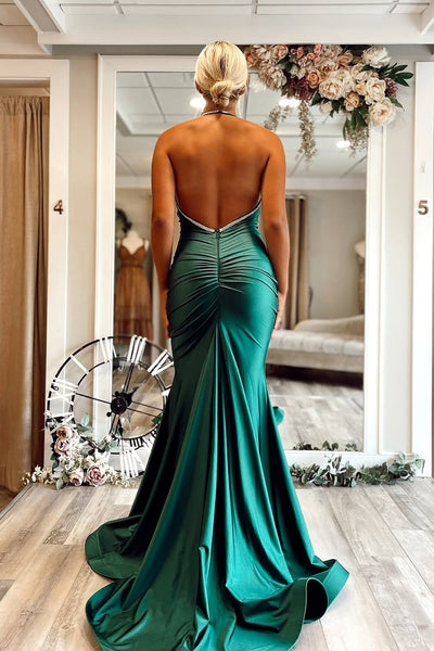 Mermaid Halter Dark Green Satin Long Prom Dresses with Beadings VK25031601
