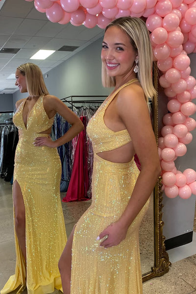 Mermaid Halter Yellow Beads Long Prom Dresses with Slit VK25032505