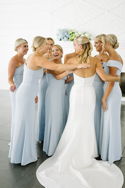 Elegant Sheath One Shoulder Sky Blue Long Bridesmaid Dresses VK24100407