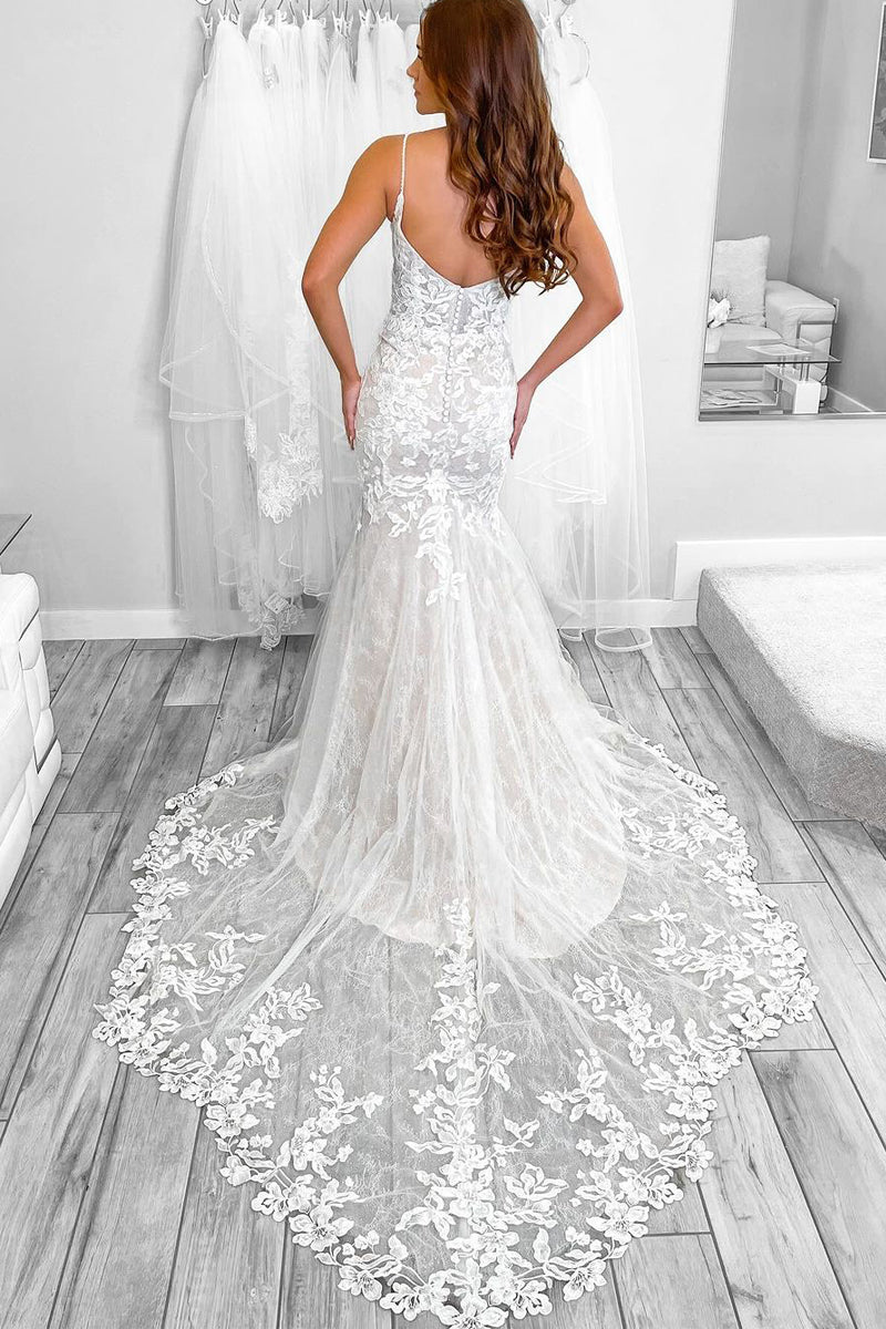 Mermaid V Neck Tulle Lace Wedding Dresses VK24011006