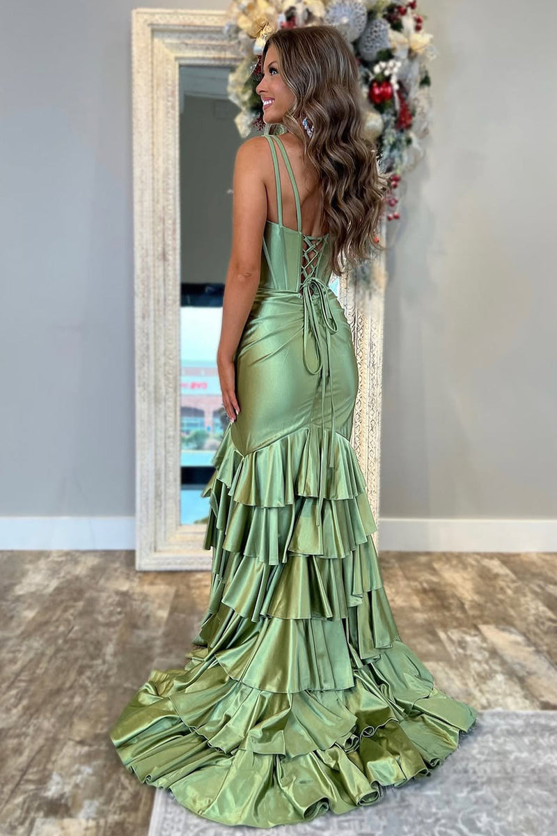 Sage Prom Dress Mermaid Sequined Long Corset Evening Dress With Slit main image 1