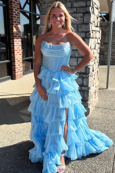 Ball Gown Strapless Royal Blue Ruffle Tiered Long Prom Dresses with Beadings VK25040101