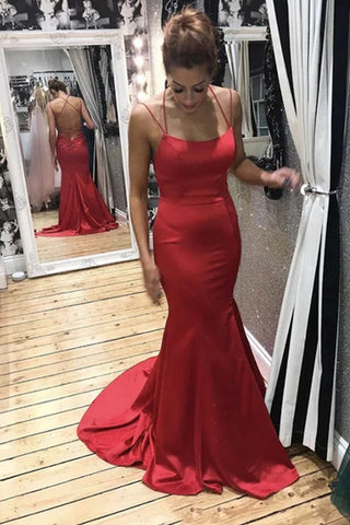 Sexy Mermaid Spaghetti Straps Red Long Prom/Evening Dress Cross Back Formal Dresses VK0124009
