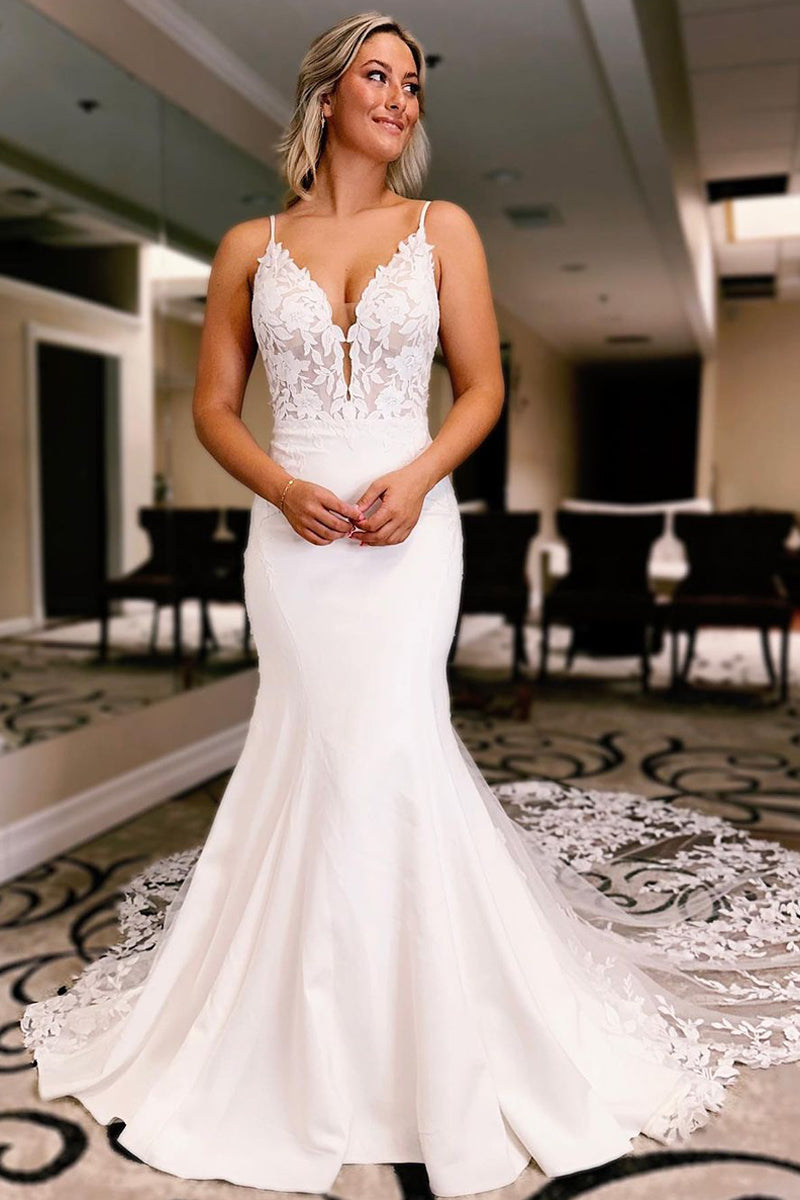 White Champagne Mermaid V-Neck Sequins Lace Wedding Dress main image 0