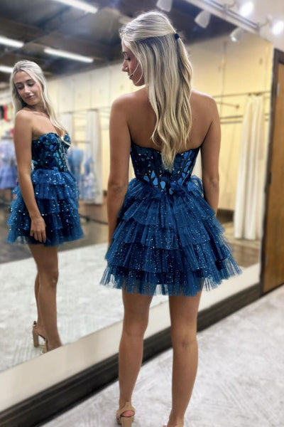 A-Line Strapless Blue Mirror-Cuts Glitter Tulle Short Homecoming Dresses VK24082802