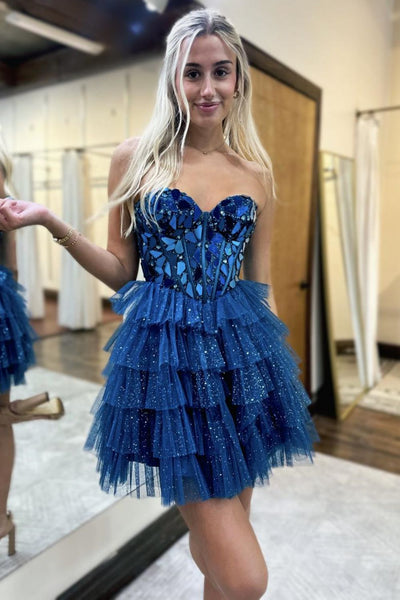 A-Line Strapless Blue Mirror-Cuts Glitter Tulle Short Homecoming Dresses VK24082802