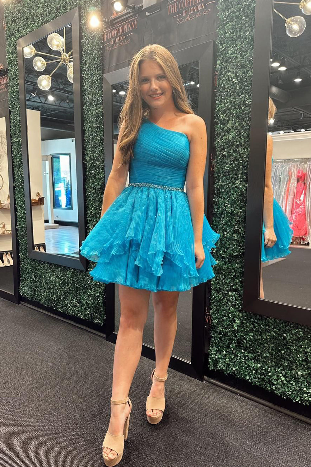 A Line One Shoulder Grey Blue Tulle Homecoming Dress with Floral Embroidery