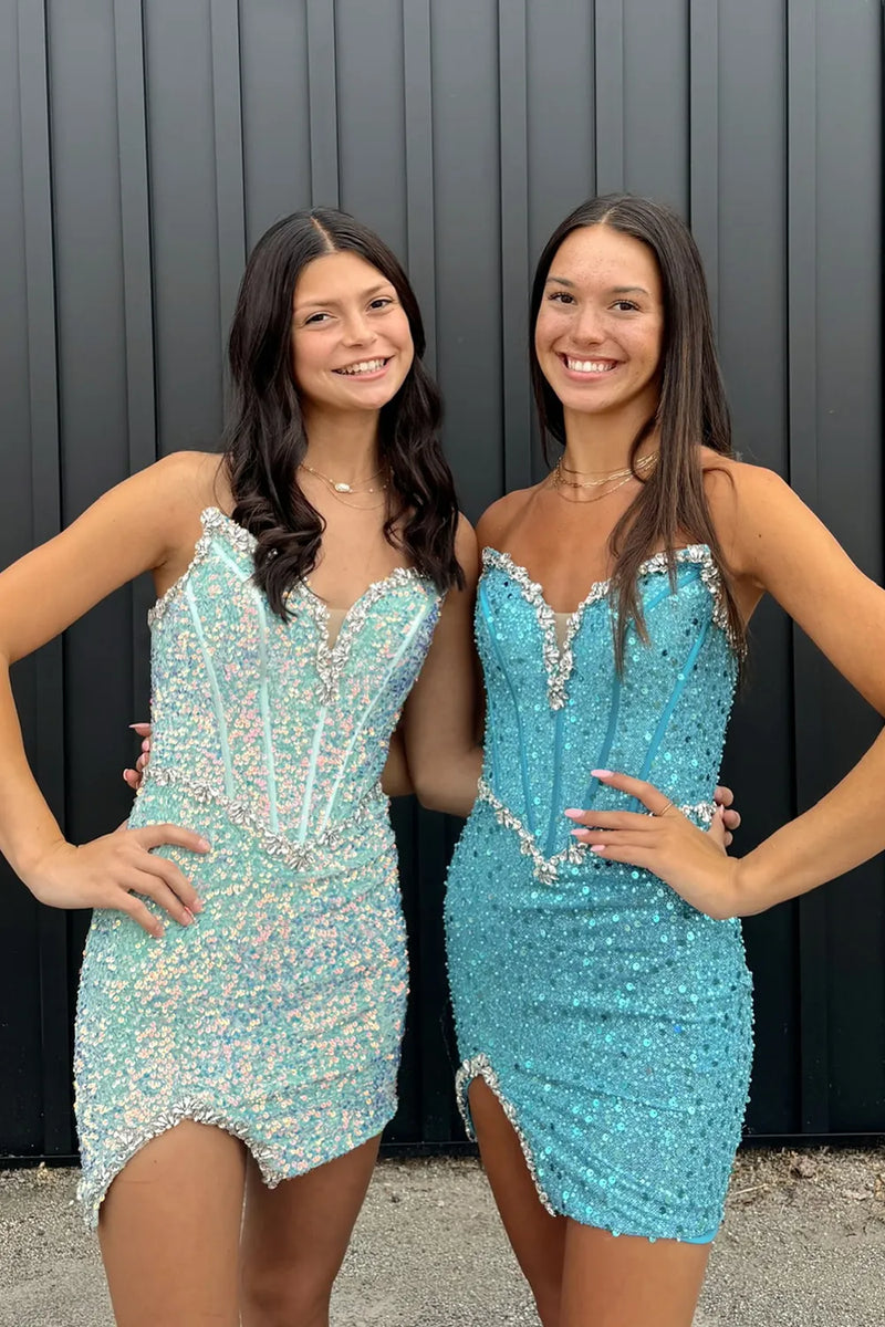 Bodycon Strapless Light Blue Sequins Tight Short Homecoming Dresses