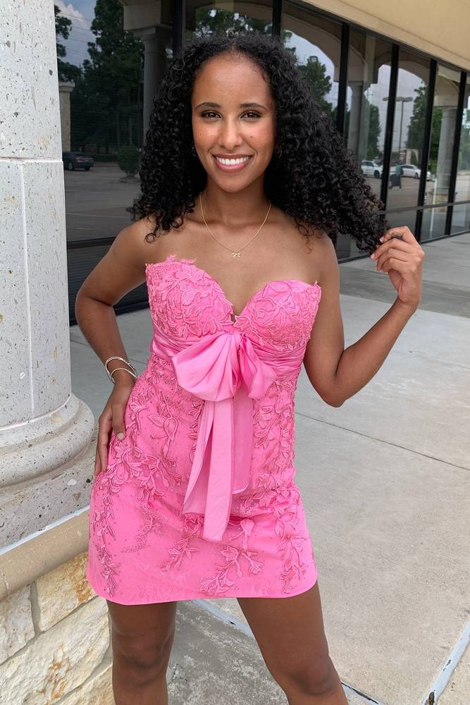 Bodycon Strapless Pink Appliques Tight Short Homecoming Dresses with Bownot  VK24082404 – Vickidress