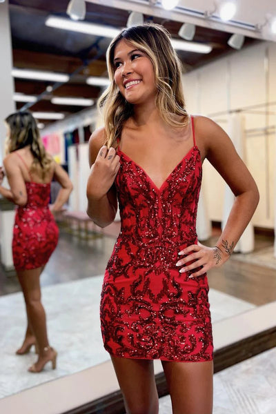 Bodycon V Neck Red Sequin Lace Homecoming Dresses VK23070505-4