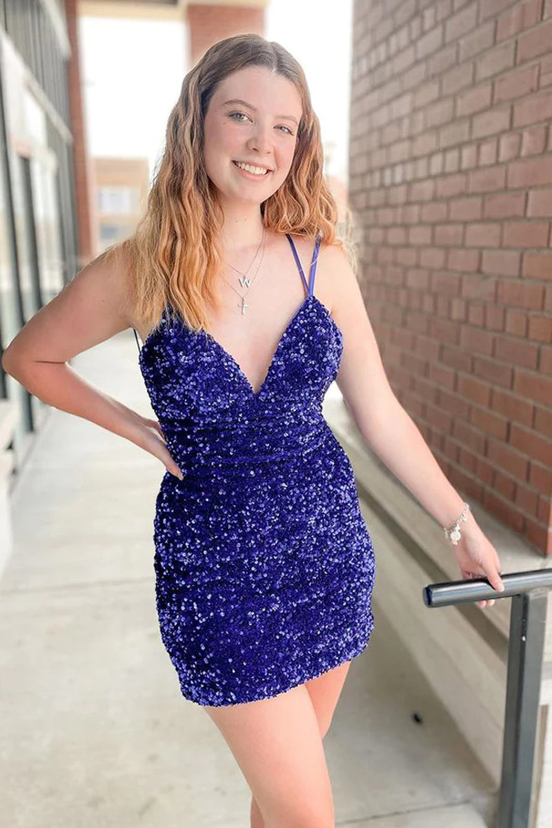 Free Shipping Sweet V Neck Purple Velvet Sequins Homecoming Dresses  VK0629002 – Vickidress