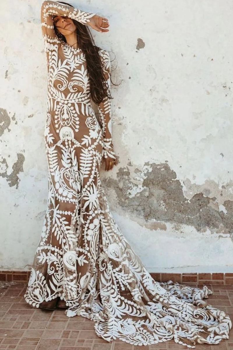 bohemian mermaid dress Bohemian Mermaid Round Neck Lace Beach Wedding Dresses VK23052202 –  Vickidress