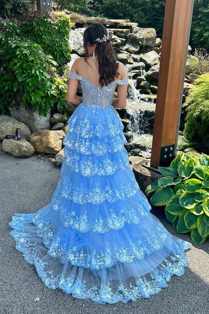 Cute A Line Off the Shoulder Blue Tulle Long Prom Dresses with