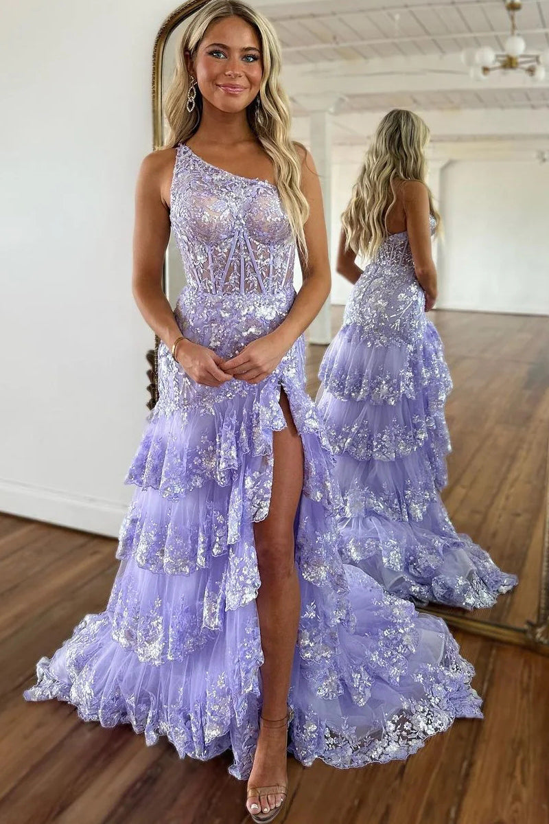 Cute A Line One Shoulder Lavender Tulle Long Prom Dresses with Sparkly  Appliques VK23061105 – Vickidress