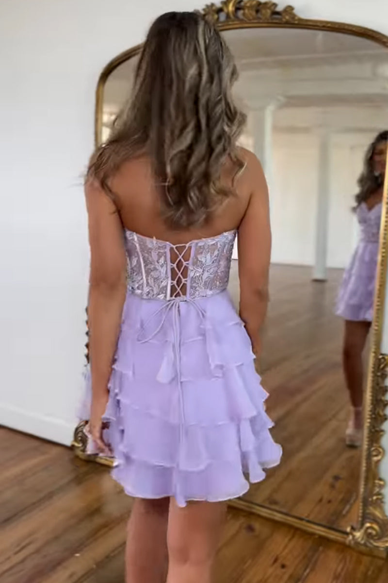 Lilac Strapless Ruffle Tiered Short Homecoming Dresses with Appliques VK24053002 Vickidress Lilac Strapless Ruffle Tiered Short Homecoming Dresses with Appliques VK24053002 Vickidress