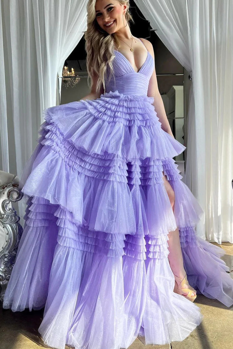 Cute Ball Gown V Neck Lavender Tulle Prom Dresses with Slit