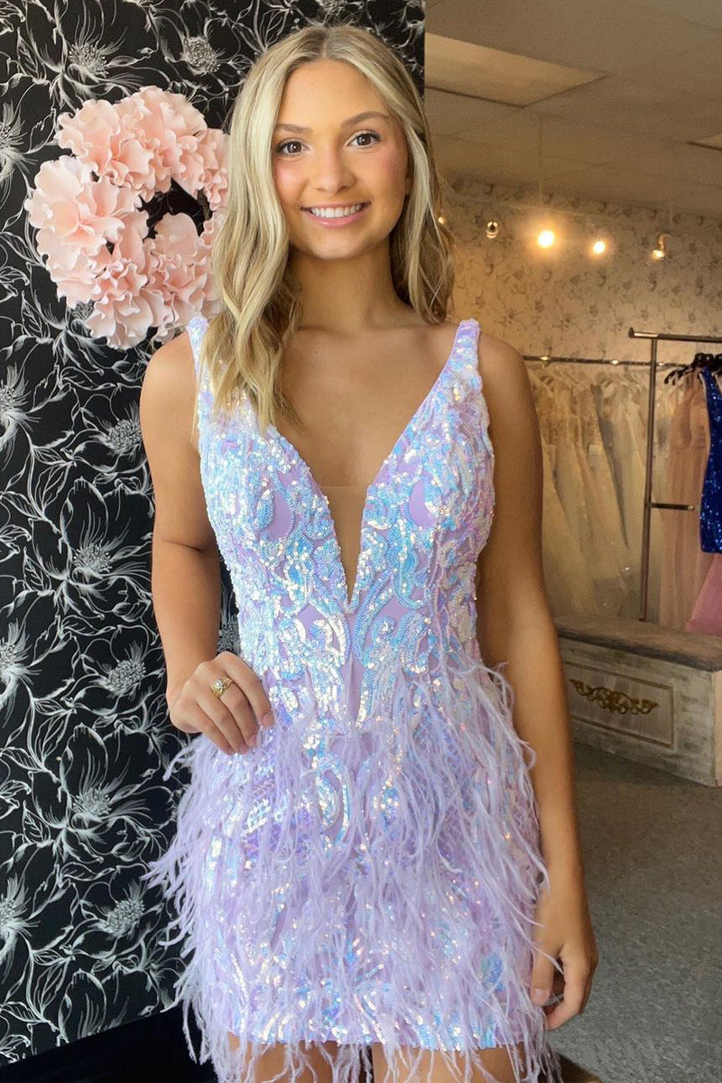 Cute Bodycon V Neck Lavender Sparkly Sequins Short Homecoming Dress with Feather VK23081504 Vickidress Cute Bodycon V Neck Lavender Sparkly Sequins Short Homecoming Dress with Feather VK23081504 Vickidress