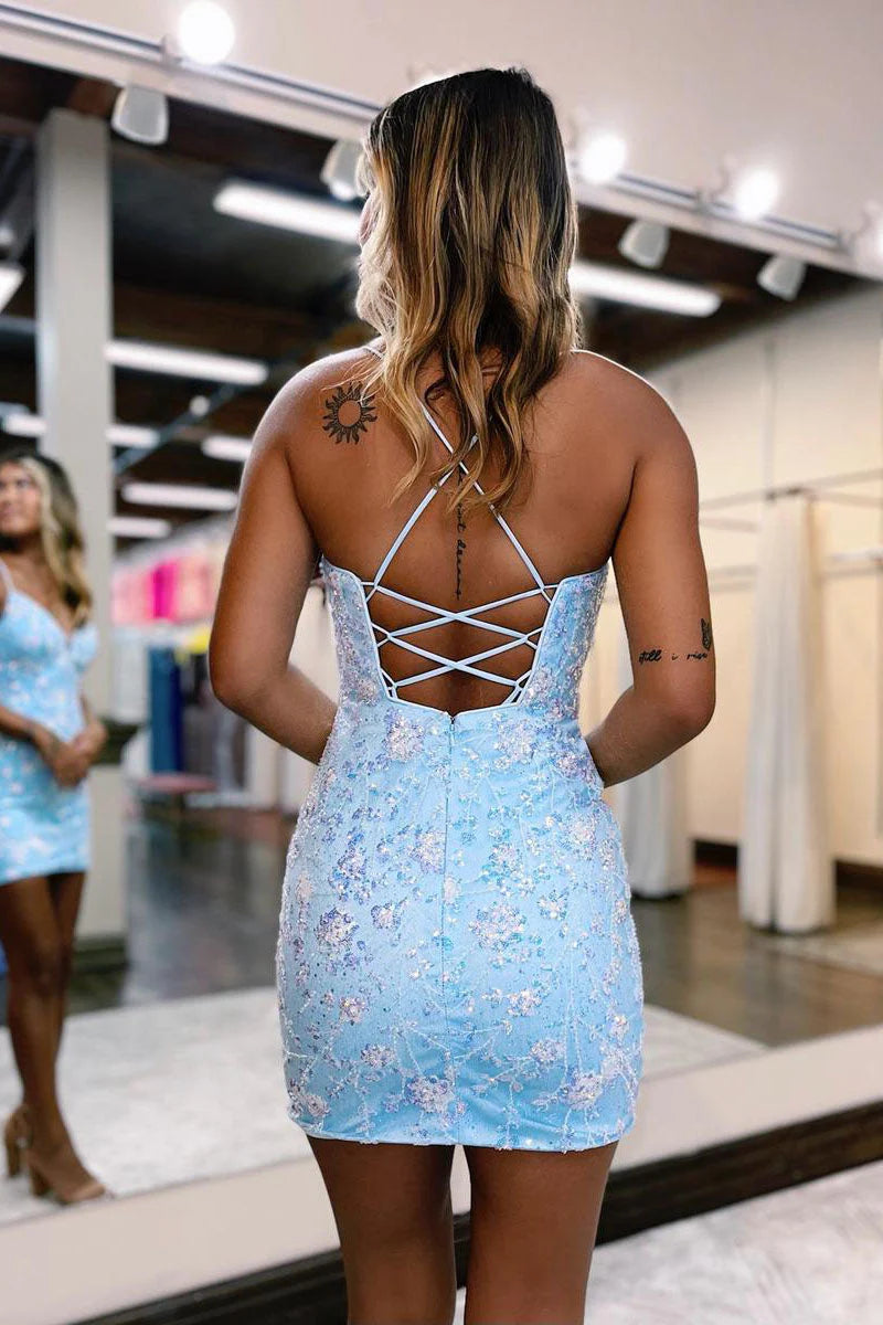 light blue bodycon homecoming dress Straps Cowl Neck Light Blue Sequins Bodycon Homecoming Dress – FancyVestido