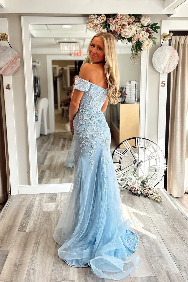 Cute Mermaid Off the Shoulder Light Blue Prom Dress with Appliques VK1