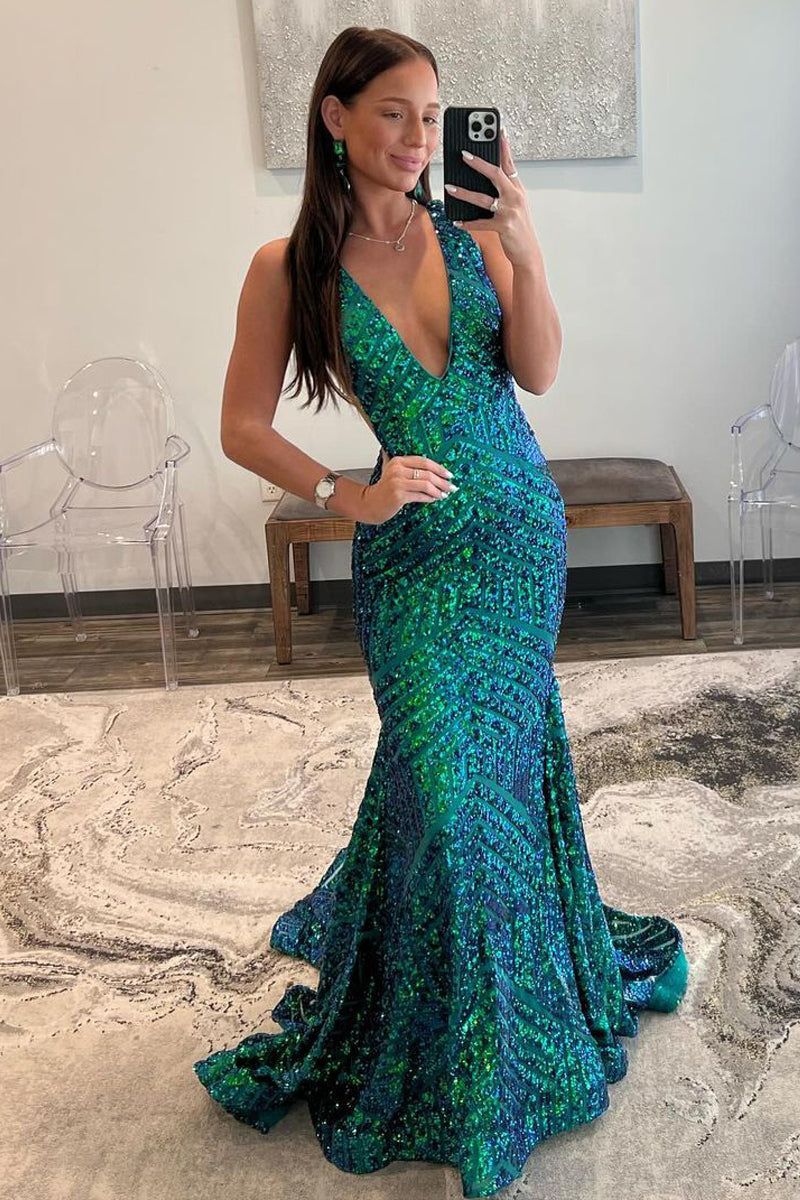Dark Green Sequin Plunge V Mermaid Long Prom Dress VK23121302 – Vickidress