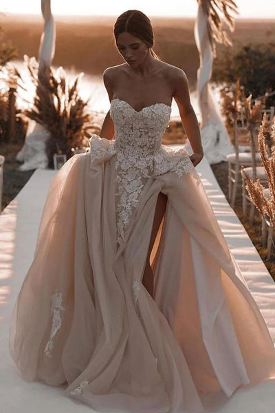 Fashion Elegant Ball Gown Sweetheart Dark Blush Champagne Wedding Dresses with Appliques VK073156-1