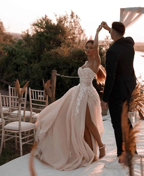 Fashion Elegant Ball Gown Sweetheart Dark Blush Champagne Wedding Dresses with Appliques VK073156-3