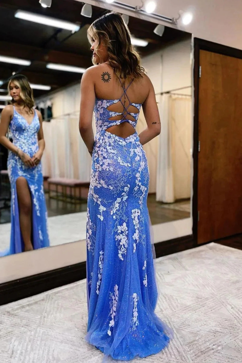 Glimmering Blue Mermaid Dress with Slit and Beaded Appliques