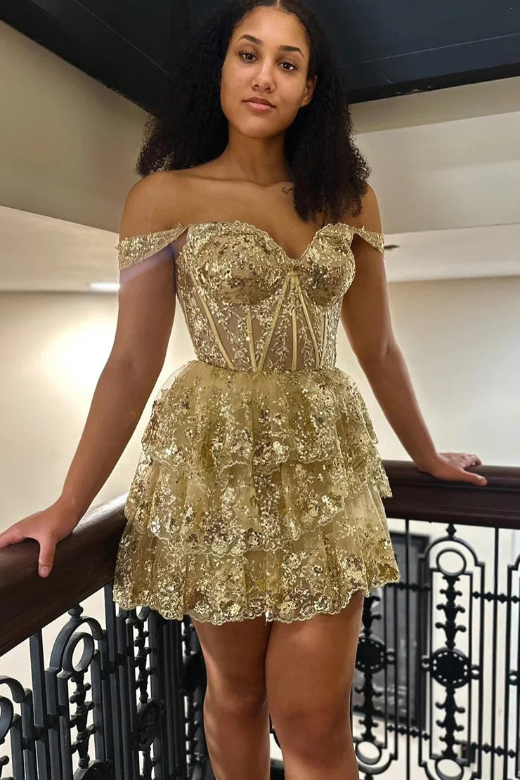 Cute A Line Sweetheart Gold Tiered Sequins Short Homecoming Dresses VK Vickidress Cute A Line Sweetheart Gold Tiered Sequins Short Homecoming Dresses VK Vickidress