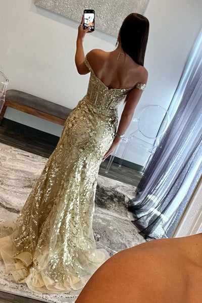 Gold Sequin Lace Off the Shoulder Mermaid Prom Dress VK23102308-2