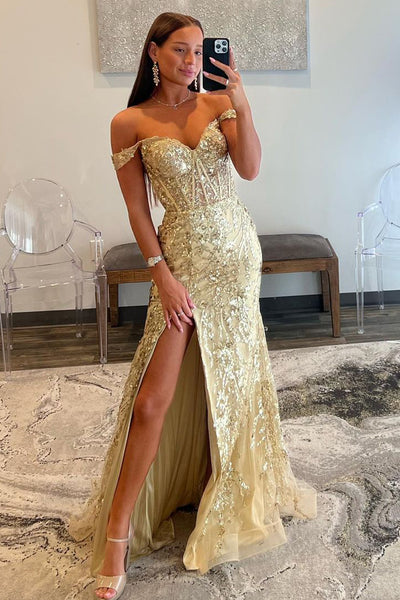Gold Sequin Lace Off the Shoulder Mermaid Prom Dress VK23102308