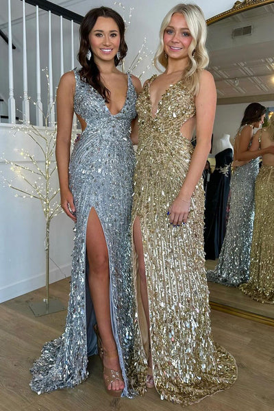 Gold Sequins Mermaid Long Prom Dresses with Slit VK24020802-3
