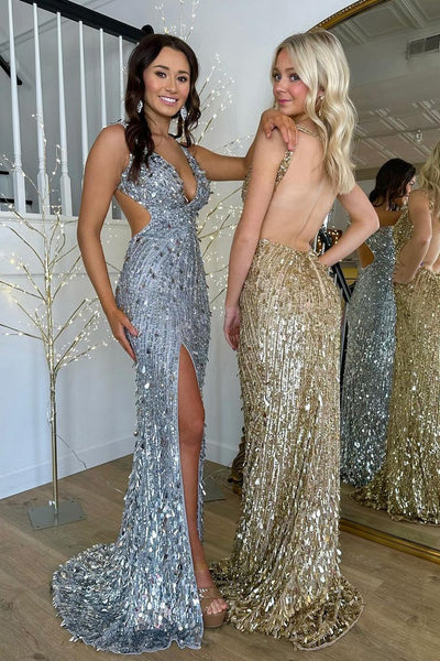 Gold Sequins Mermaid Long Prom Dresses with Slit VK24020802-5