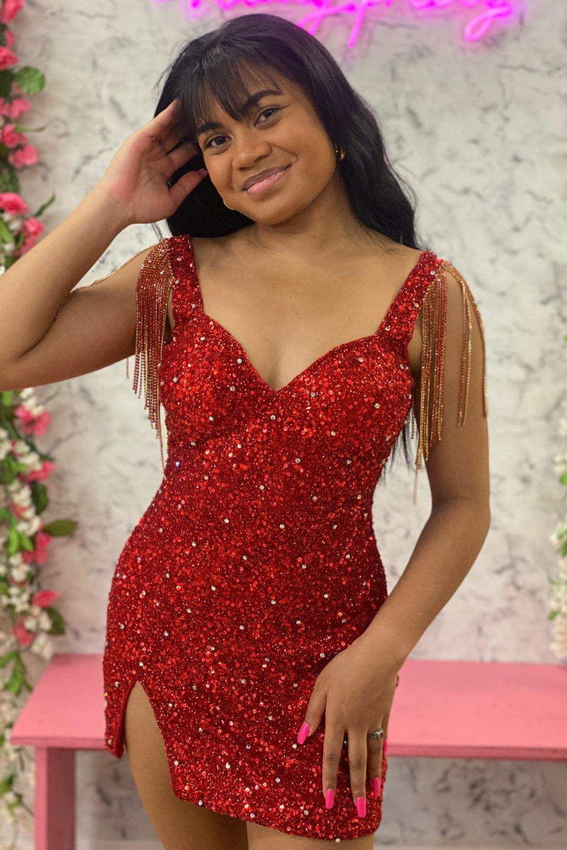 Fringe Hot Pink Sequin Short Homecoming Dress with Slit VK23092102