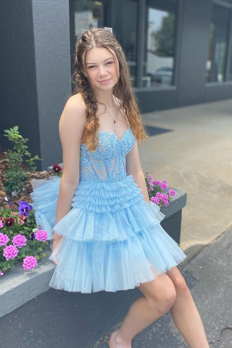 Charming Blue Sweetheart Neck Tulle Appliques A Line Short Homecoming Dress Birthday Outfits Y9295