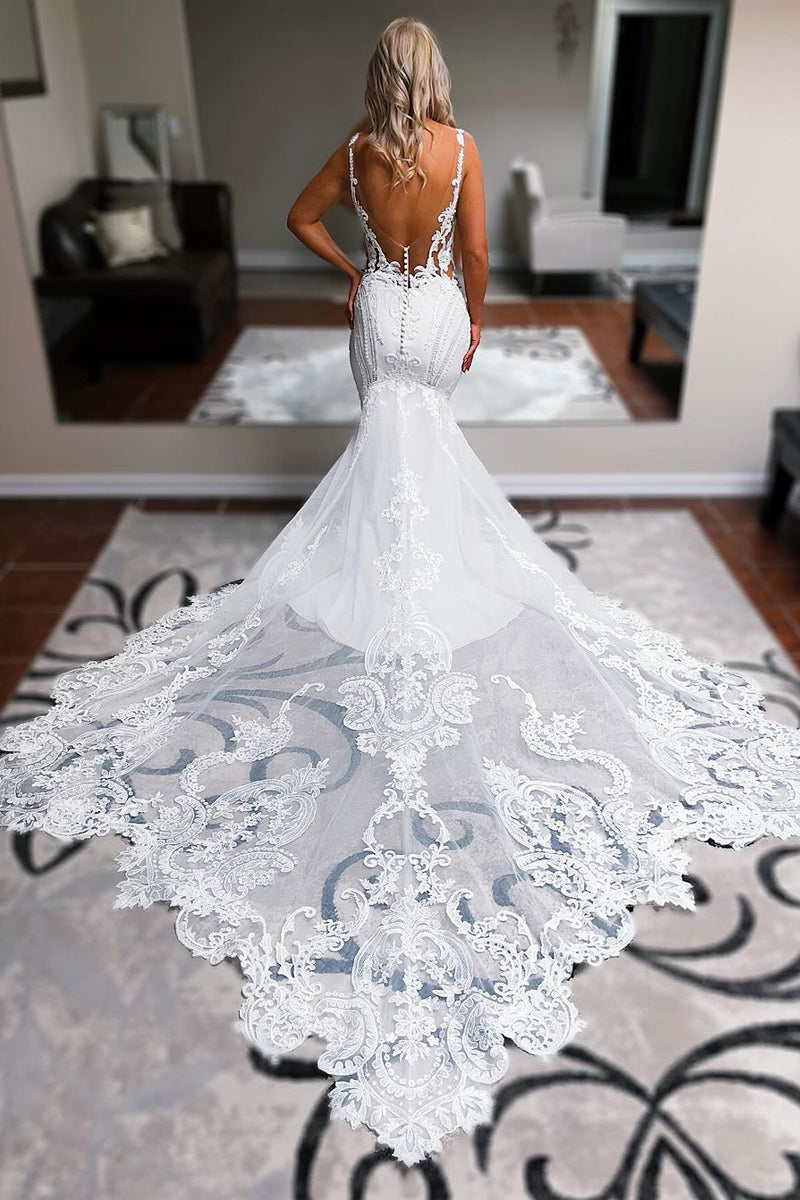 Satin Mermaid V-Neck Wedding Dress, Charming Backless Wedding Dress, D819