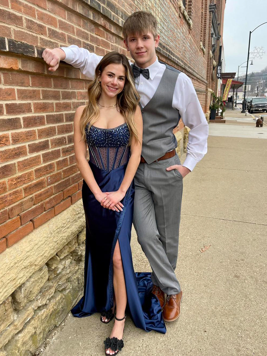 Navy Blue Beaded Corset Satin Long Prom Dress with Slit Vickidress Navy Blue Beaded Corset Satin Long Prom Dress with Slit Vickidress