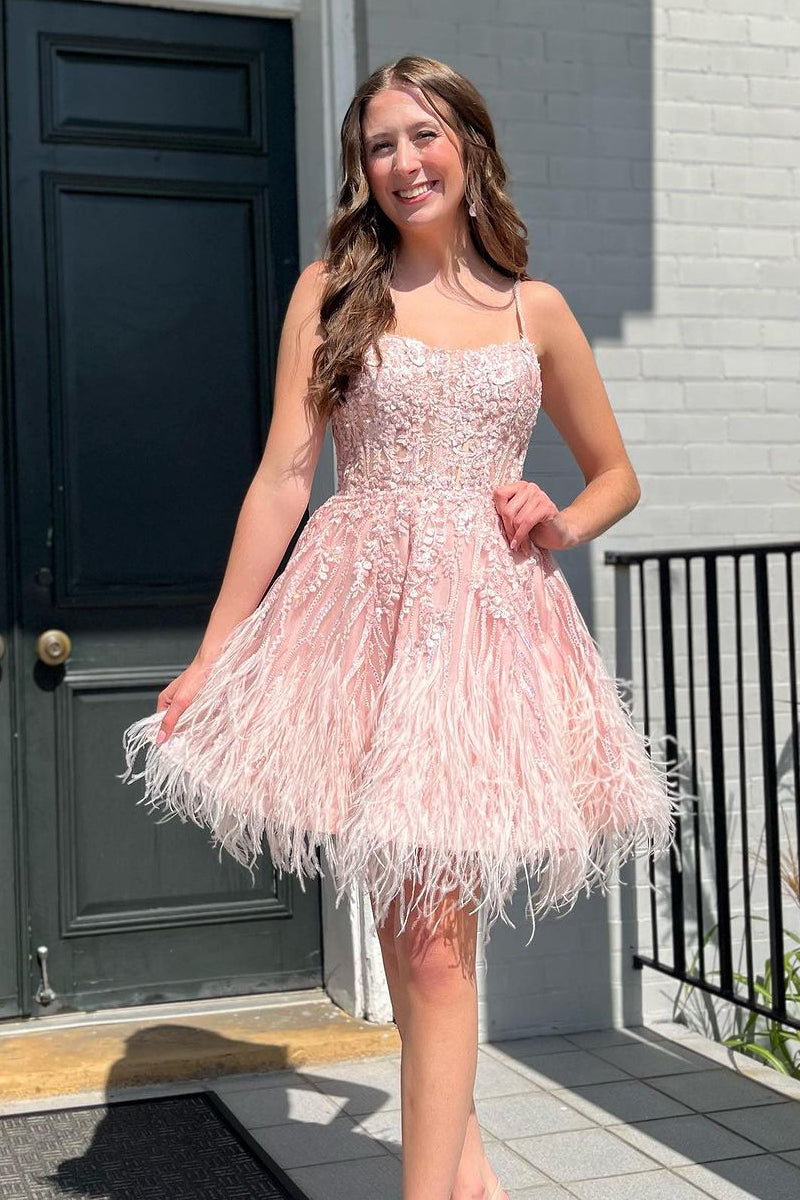 scoop neck homecoming dresses Vintage A-line Hot Pink Homecoming Dress with Puff Sleeves Y2680 –  Simplepromdress main image 0
