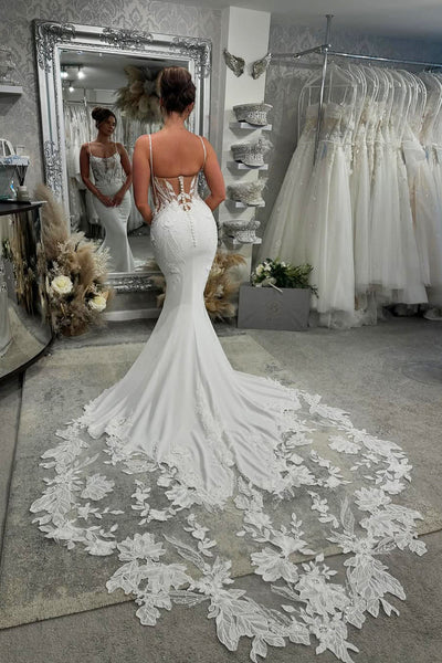 Romantic Mermaid Straps Elastic Satin Wedding Dress with Appliques VK1322815-1