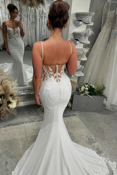 Romantic Mermaid Straps Elastic Satin Wedding Dress with Appliques VK1322815-2