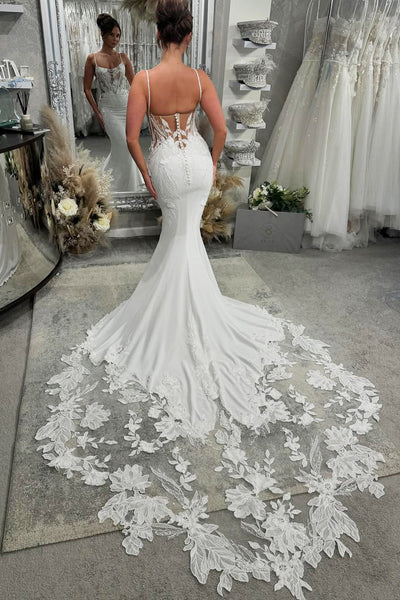 Romantic Mermaid Straps Elastic Satin Wedding Dress with Appliques VK1322815-3