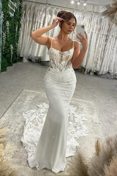 Romantic Mermaid Straps Elastic Satin Wedding Dress with Appliques VK1322815-4